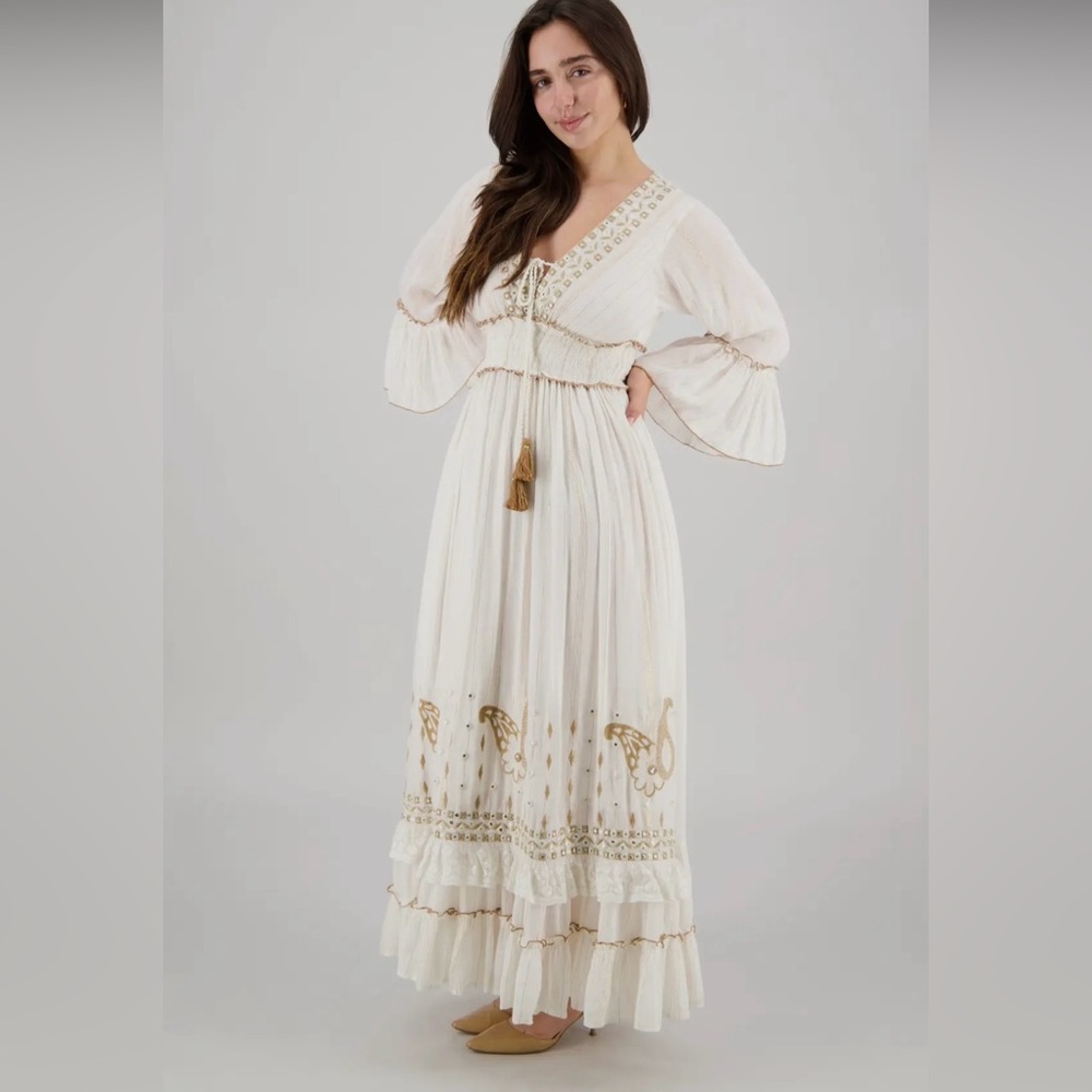 Beige khaki gold Indian boho bohemian embellished shimmer tassel maxi lux dress - Picture 6 of 8
